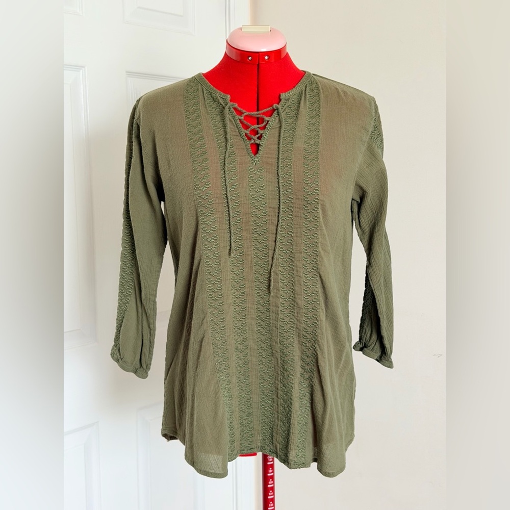 Lauren Ralph Lauren Embroidered Cotton Tunic Blouse Olive Green Boho 3/4 XS–S